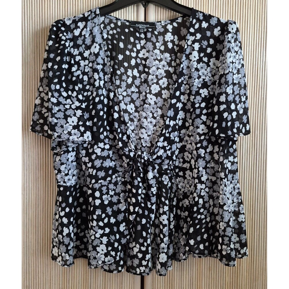 R&M Richards Woman Blouse Size 14W Black Gray Floral Sheer Front Tie Shrug USA